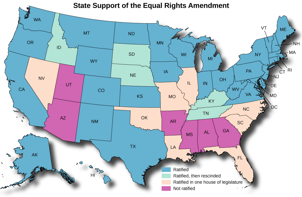 Figure 5.14 The map shows which states supported the ERA and which did not. The dark blue states ratified the amendment. The 