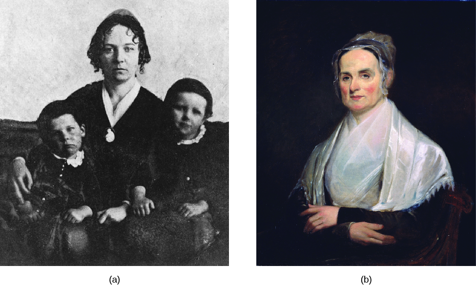 Image A is of Elizabeth Cady Stanton with her arms around two children who are seated on her lap. Image B is of Lucretia Mott