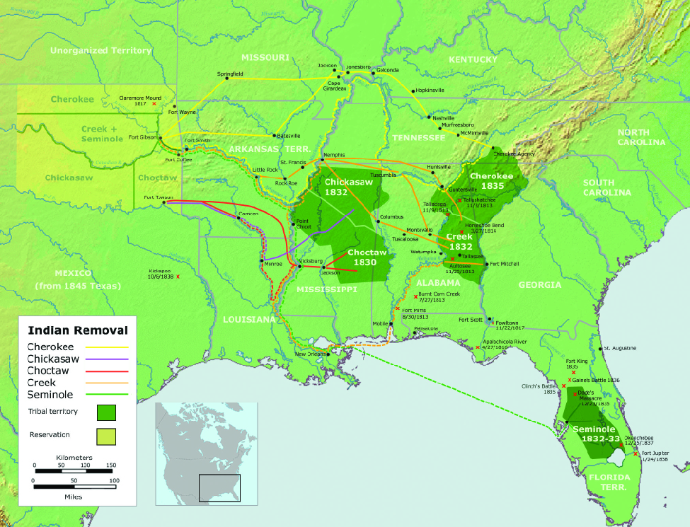 A map of the United States showing the southeast quarter of the country. On the map the paths of Indian Removal are shown. Fo