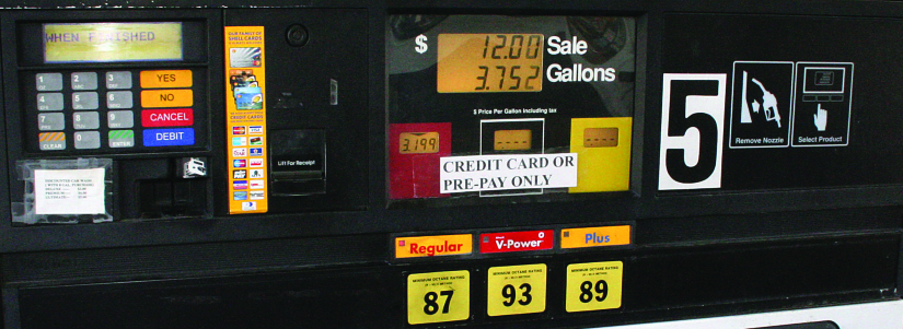 An image of a gas pump that reads "$12.00 Sale, 3.752 Gallons".