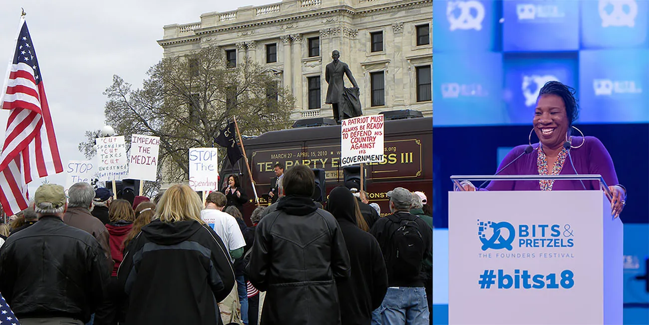 Photo A: A gruup of people with an American flag in front of a bus with the words "Tea Party Express". Photo B: Tarana Burke 