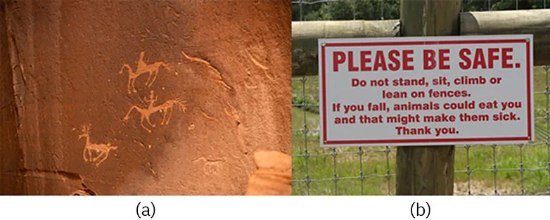 Photo A shows cave etchings appearing to show people on horseback. Photo B shows a sign that reads, 'Please be safe. Do not s