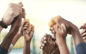 Diverse group of individuals holding hands.