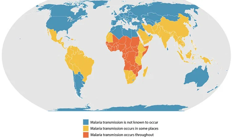 A map highlighting countries where malaria is known to occur is shown. Malaria transmission is not known to occur in the nort