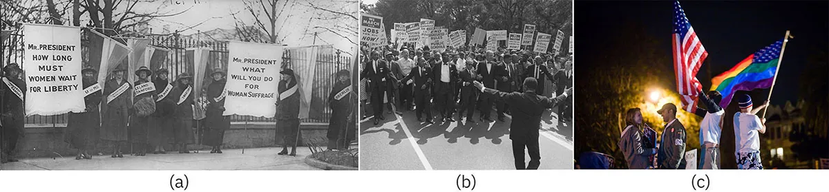 Figure (a) shows women's suffrage marchers. Figure (b) shows a large group of marchers for civil rights. Figure (c) shows peo