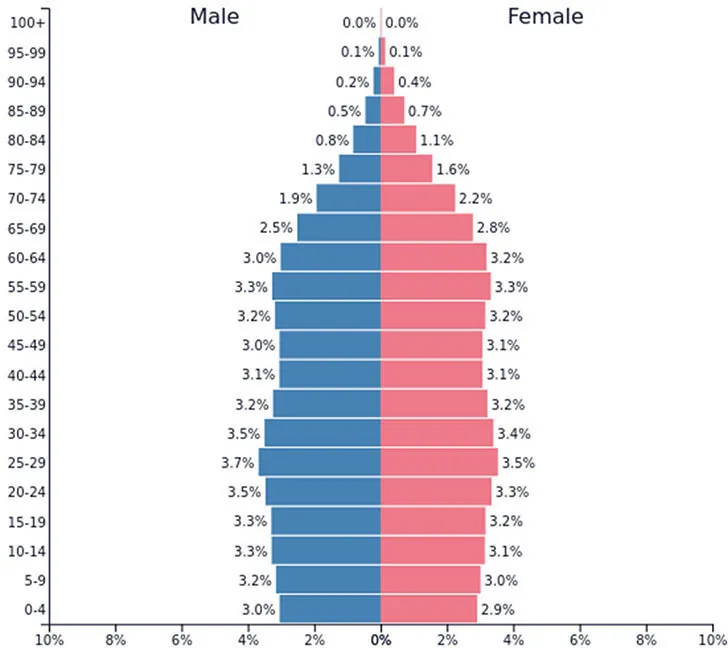 A population graph shows the percentage of people at each age and by gender. Ages 0 through 4 contains a total of 5.9 percent