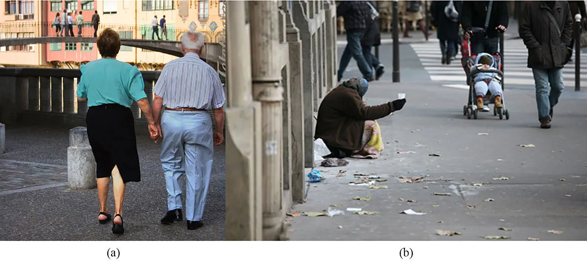 In figure (a), an older man and woman, wearing casual dress, are shown from behind walking in a public plaza setting. In figu