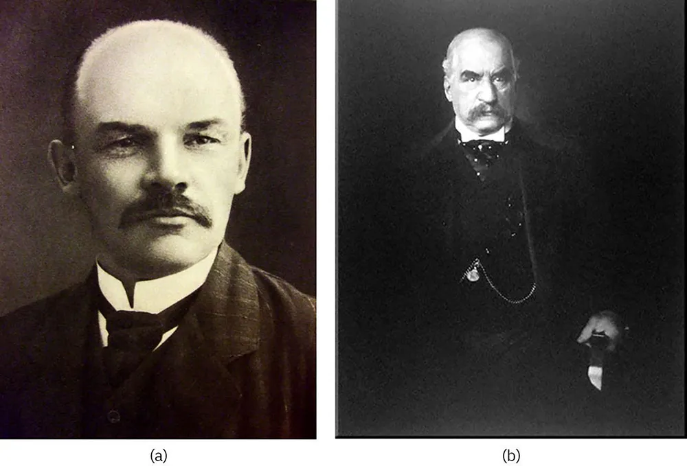 This figure consists of two images. The photo on the right is of Vladimir Ilyich Lenin, one of the founders of Russian commun