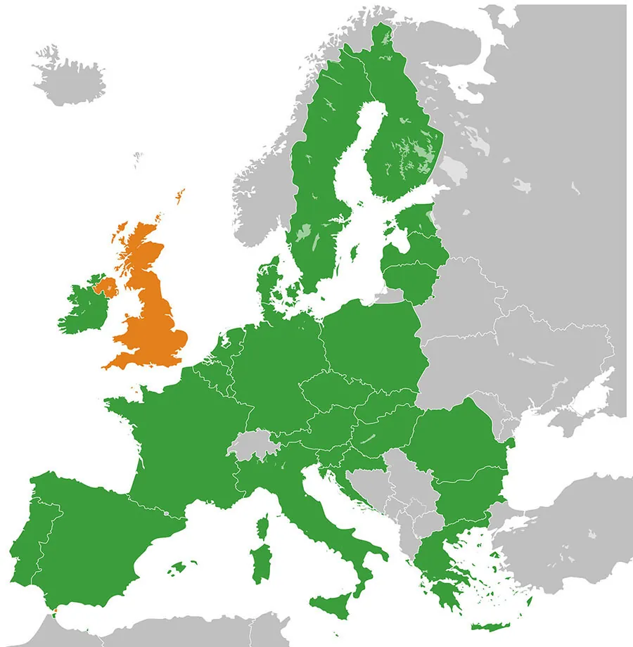 Map of Europe indicating countries that are members and have recently departed the European Union. Portugal, Spain, France, F