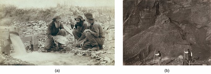 Image (a) is a photograph of three prospectors kneeling beside a stream and panning for gold. Image (b) is a photograph of two laborers engaged in hydraulic mining, with a massive expanse of rock spread out before them