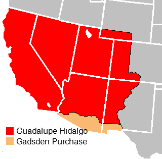 The Mexican Cession acquired through the Treaty of Guadalupe Hidalgo included the entirety of California, Nevada, and Utah; the majority of Arizona; and portions of Wyoming, Colorado, and New Mexico. The Gadsden Purchase included southern Arizona and the southwest corner of New Mexico