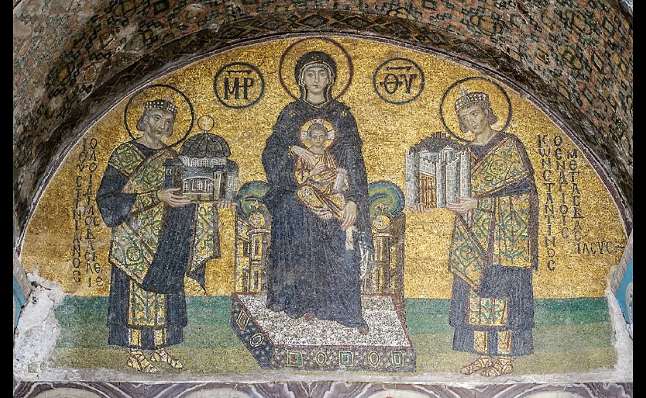 This artwork shows four people. Each has a halo around their head. On the left, Emperor Justinian holds a miniature building.