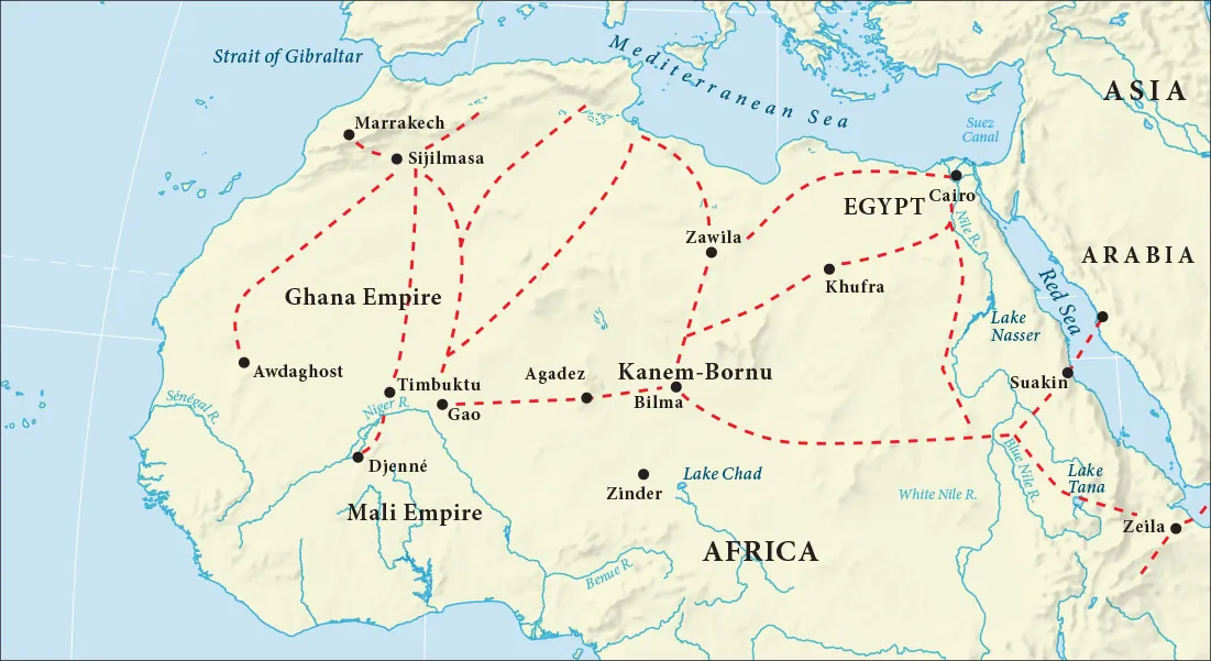 A map of North Africa is shown. There are dotted lines connecting cities across the entire region north to south and east to 