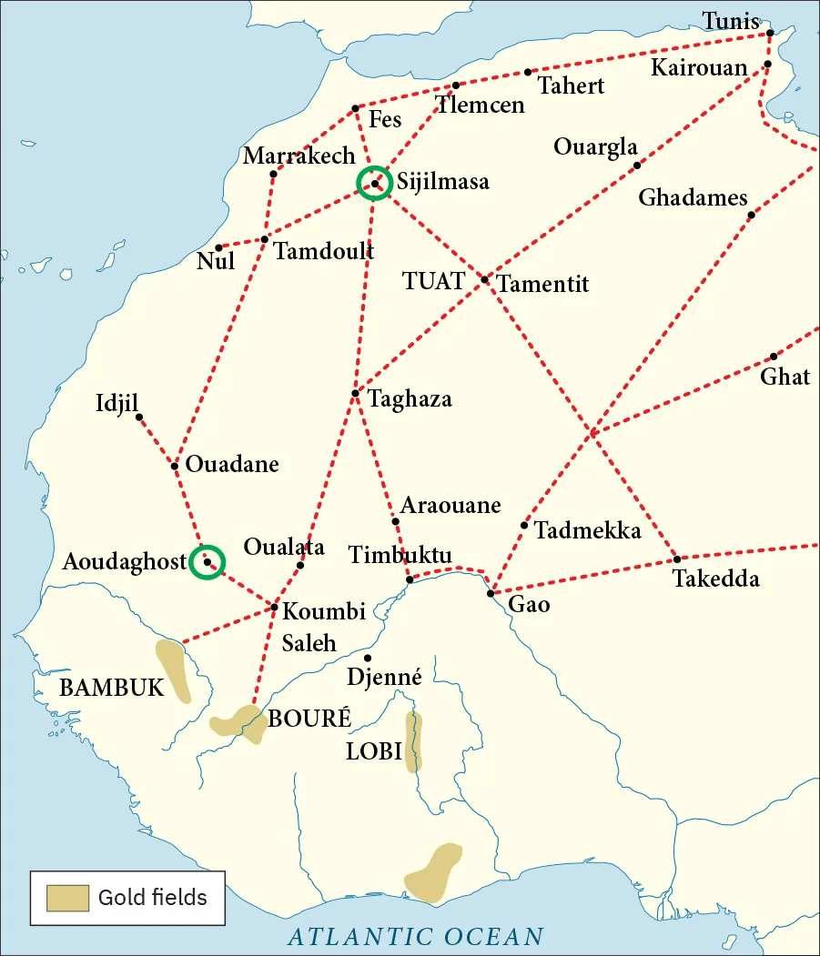 A map of northwest Africa is shown. In the western portion of the map, there are gold-colored sections by the regions of Bamb