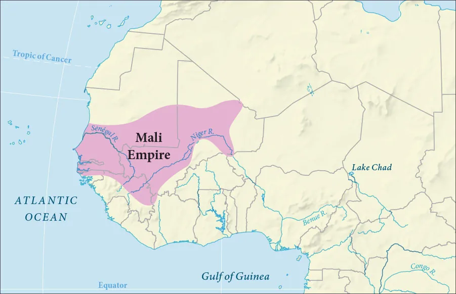 A map of northwest Africa is shown. The Tropic of Cancer and the Atlantic Ocean are shown to the west, and the Gulf of Guinea