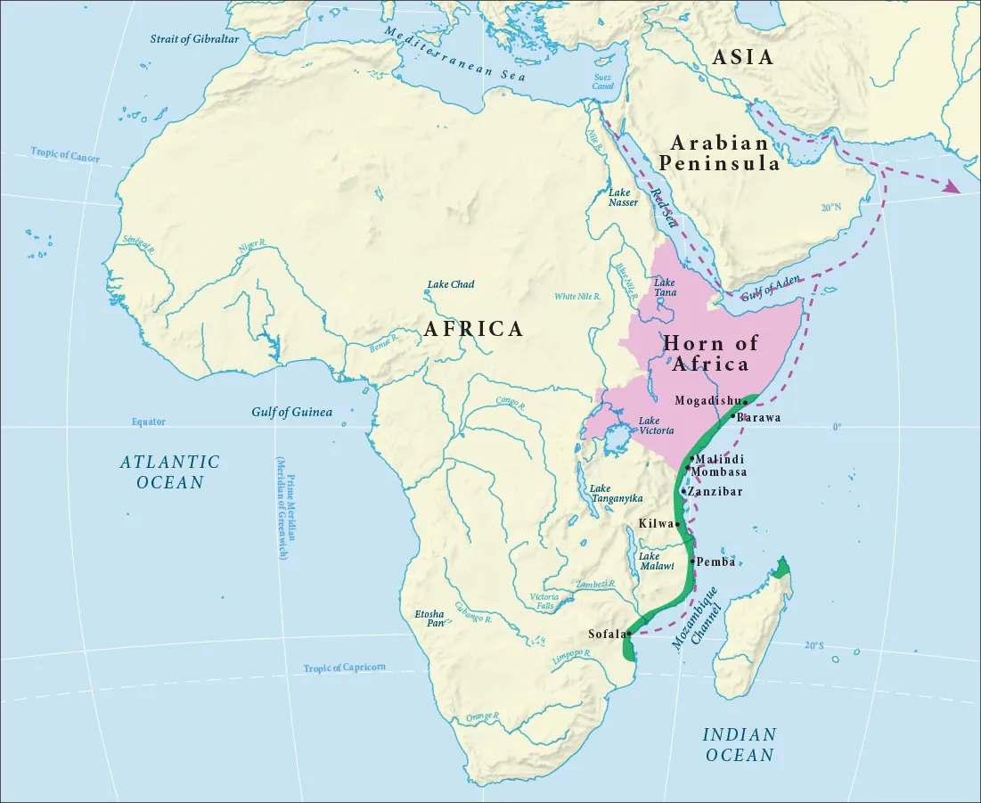 A map of the continent of Africa is shown. A portion of eastern Africa labeled the ‘Horn of Africa' borders the Red Sea, the 