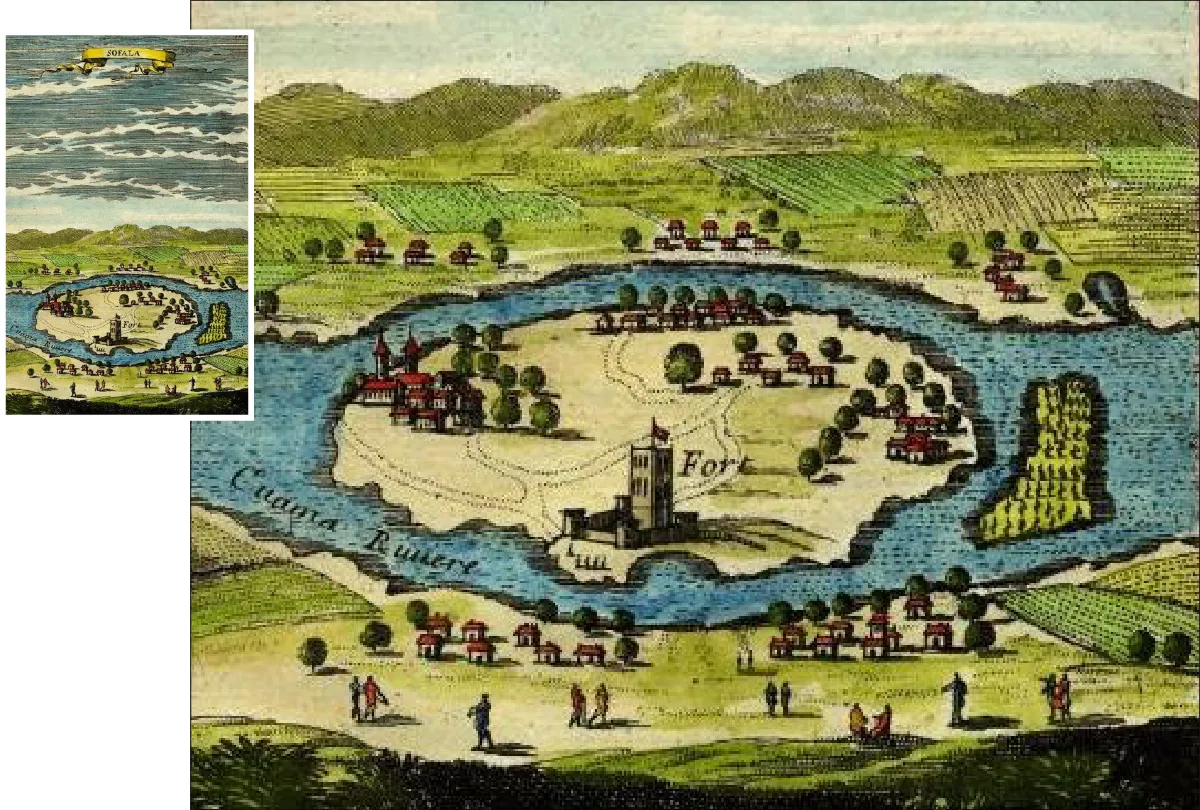 Two colorful drawings are shown. The image on the left shows an area of land surrounded by water, with other land around it. 