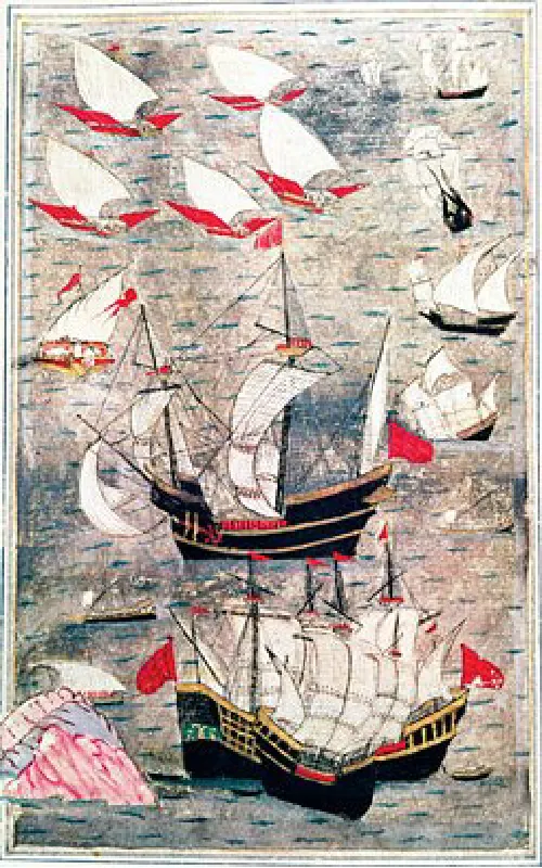 A drawing shows ships sailing in the water. Three large ships are shown toward the bottom of the drawing with black hulls, wh