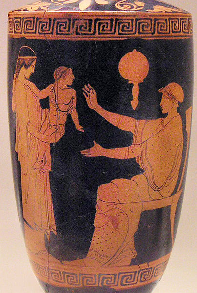 Greek slave presenting infant to its mother, vase, Eretria, Ancient Greece, 470-460 B.C., courtesy of the National Archaeolog