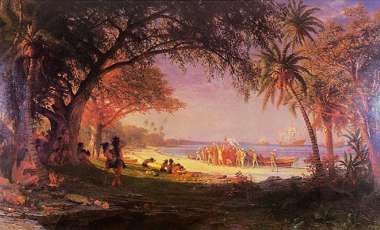 This painting shows an open area in a forest leading to a beach and water. Trees are on the left and right forming an arc at 