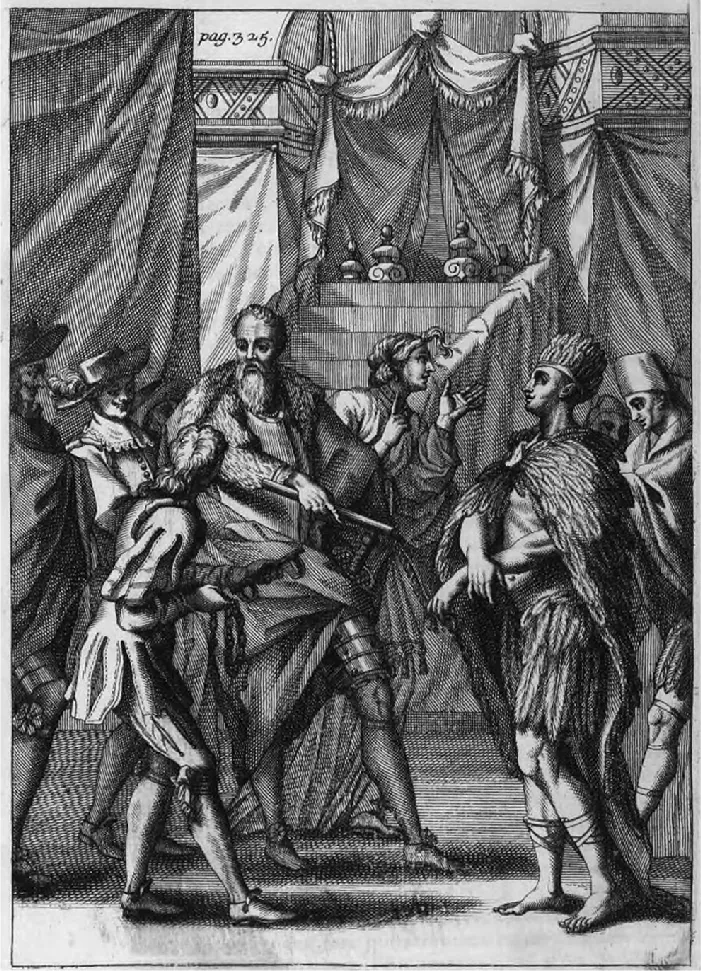 A black and white drawing shows a tall bearded man in robes and armor surrounded by three people on his right in long coats a