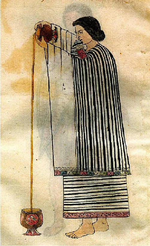 The drawing shows a barefoot woman in a long, striped dress with colorful trim. She holds a container high in the air with bo