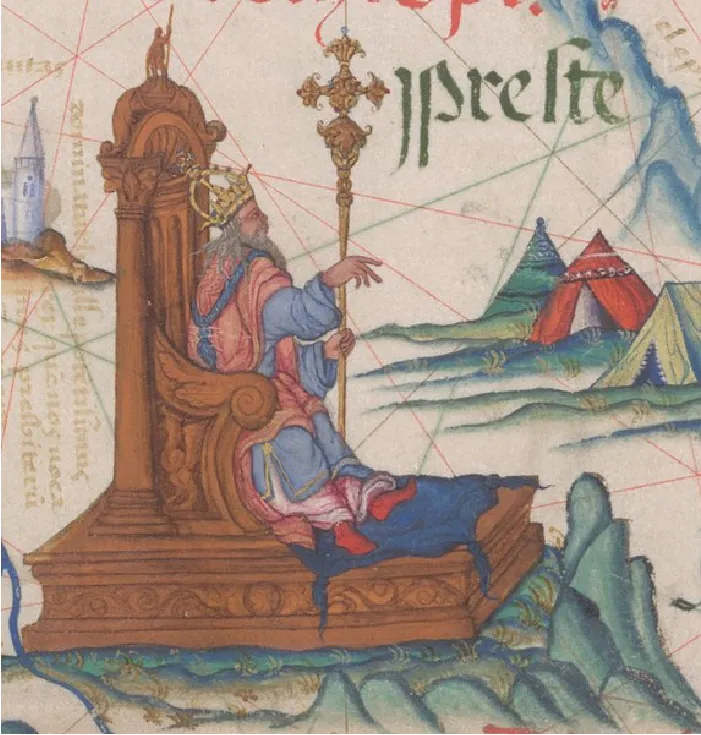 A drawing shows a man with a white beard sitting on a large brown throne. He is wearing blue and red robes, red socks, a gold