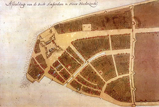 The Castello Plan shows New Amsterdam as a small settlement of buildings and fields divided by roads or paths. A fort can be 