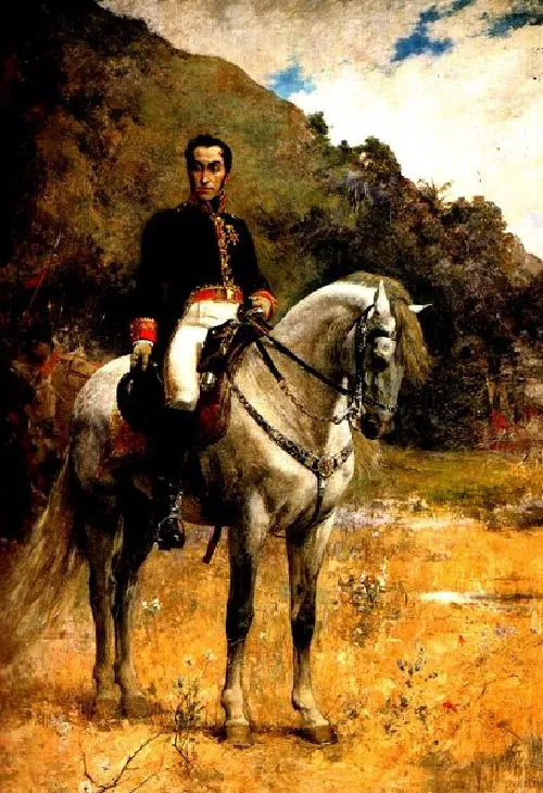 In this painting, Simon Bolivar wears a military uniform and rides a white horse. Mountains and clouds are visible in the bac