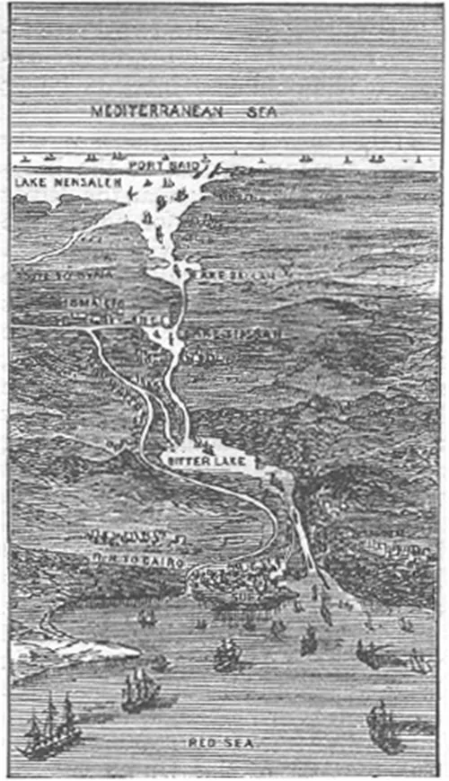 A drawing shows the Mediterranean Sea at the top with small ships drawn in its lower portion at Port Said. A small opening le