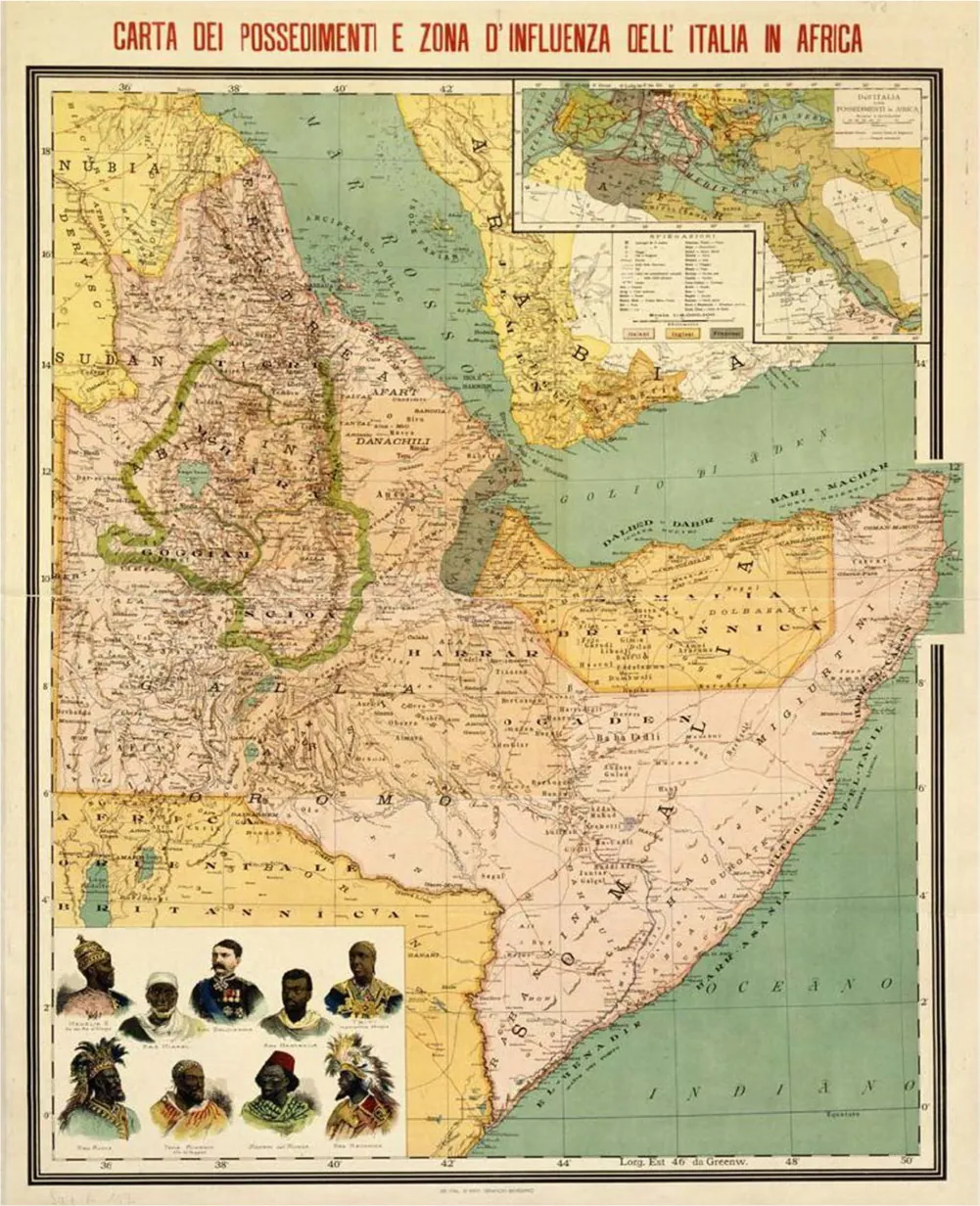 A very detailed map of the Horn of Africa is shown, with names for countries, cities, rivers, and other locations labelled. A