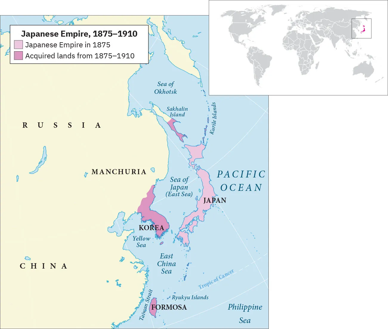 Two maps are shown. The smaller map at the top right shows the world, with Japan, Korea, and Formosa highlighted in pink. The