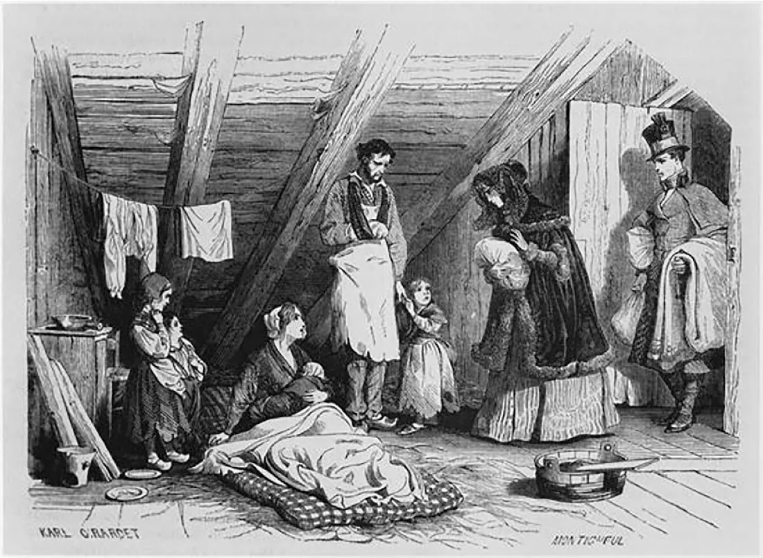 This picture shows a well-dressed couple bringing bundles to a poor family living in an attic. The poor man's arm is in a sli