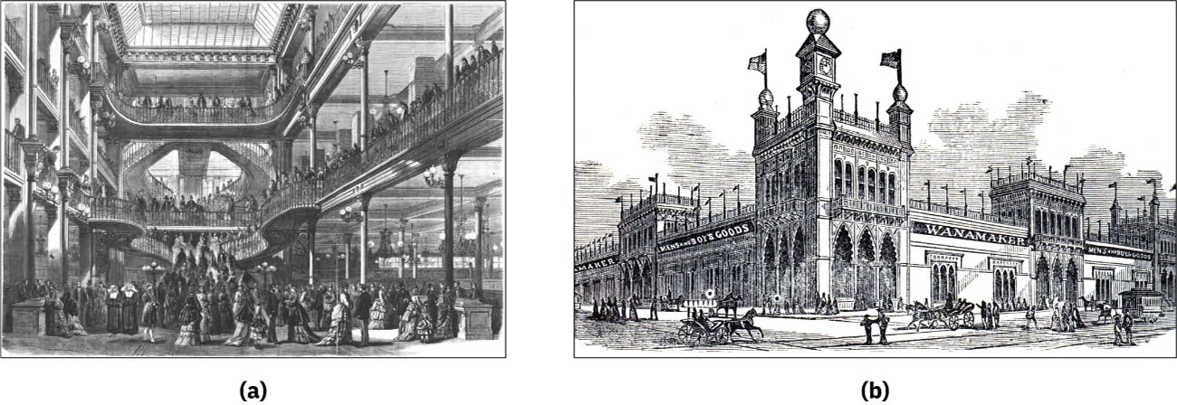 Illustration (a) shows a large crowd of people inside the Bon Marche department store. Illustration (b) shows people on foot 