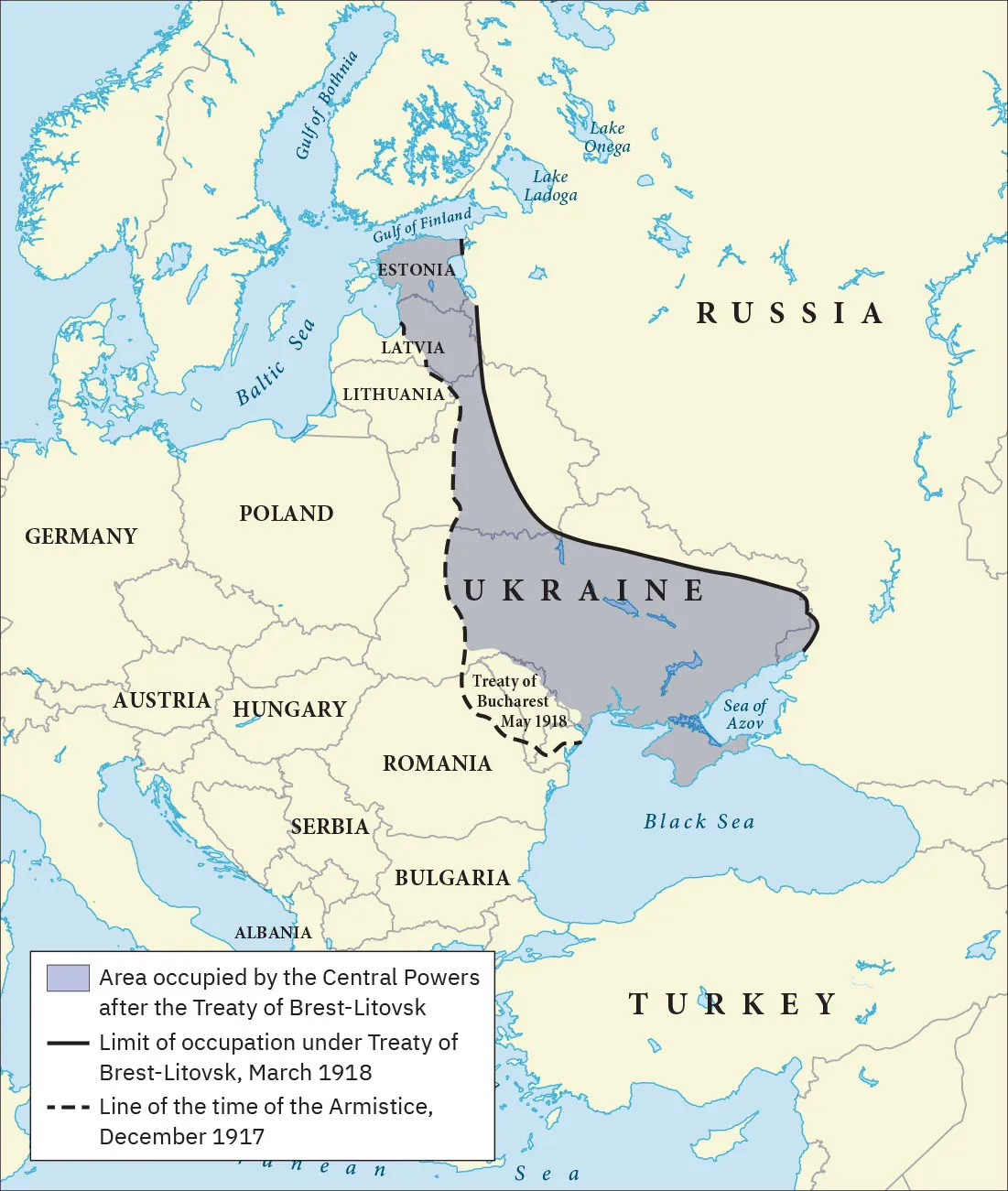 This is a map of Europe showing the territory impacted by the Central Powers after the Treaty of Brest-Litovsk. A line is lab