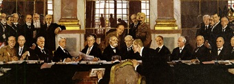 Treaty of Versailles: The Signing of Peace in the Hall of Mirrors by Sir William Orpen. German Johannes Bell signs the Treaty