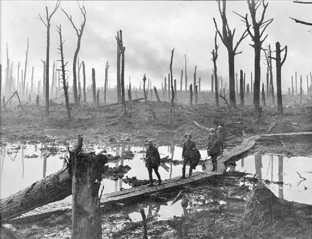 In the background of the photo, several trees are damaged, and mostly burned. The earth is bare. In the foreground, soldiers 