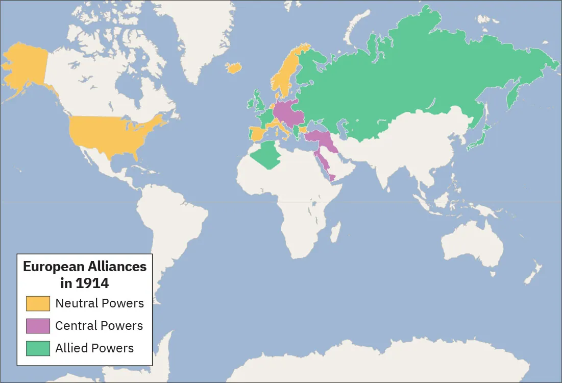 The map is titled "European Alliances in 1914". Neutral powers are Iceland, Norway, Sweden, Spain, Netherlands, Bulgaria, Ita