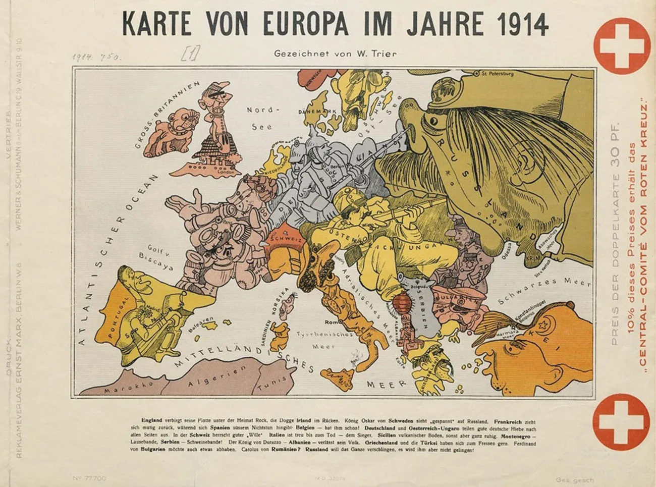 This is satirical map of Europe in 1914. Each nation is shown in a different color and is decorated with cartoon style drawin