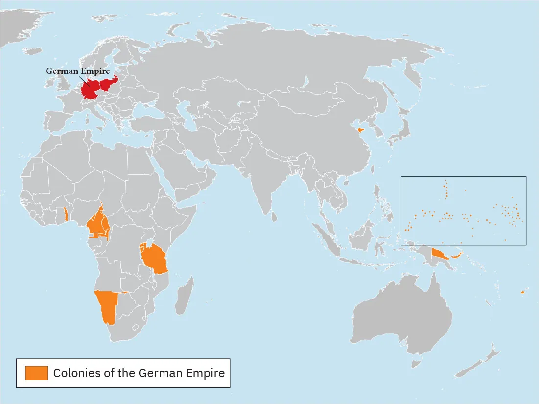 A map of Europe, Asia, Africa, and Australia is shown. In Europe, Germany and part of Poland is shaded red, indicating German