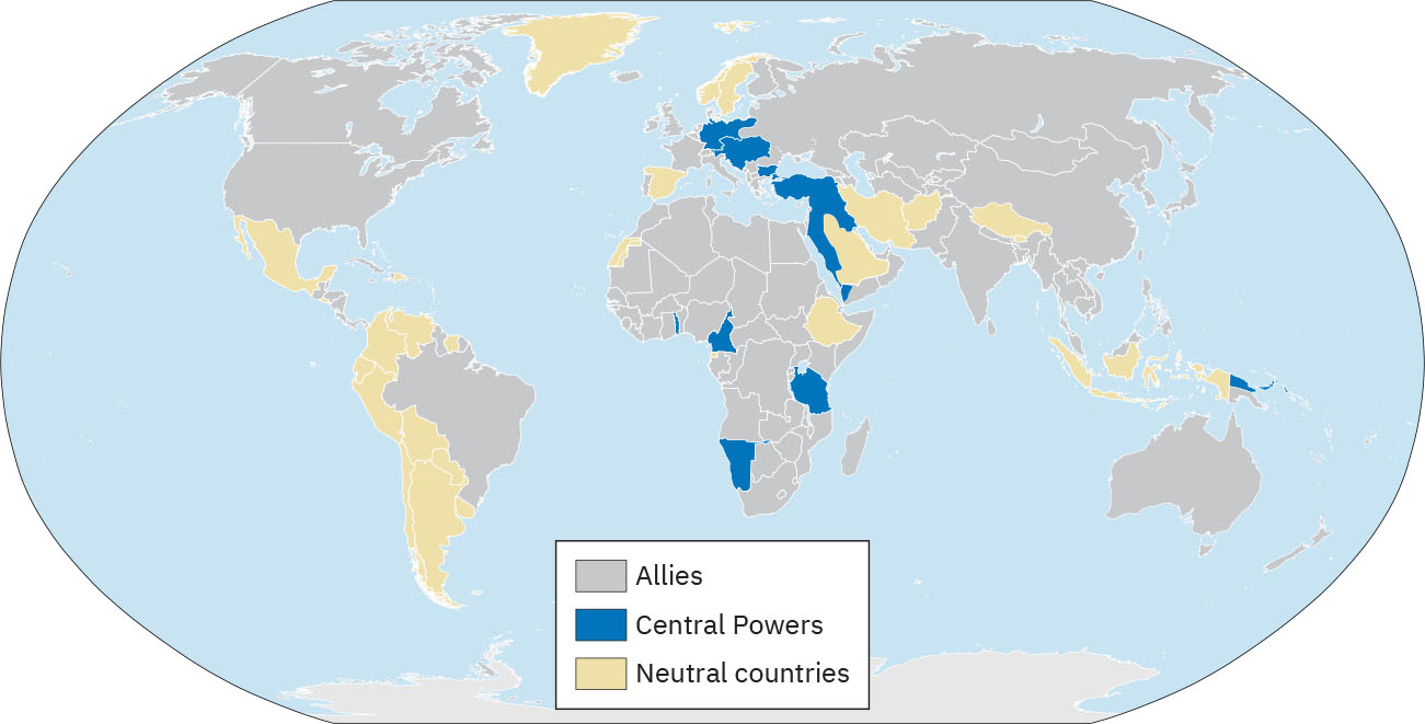 This is a map of the world which highlights the allied nations, central powers, and neutral countries during World War I. Cen