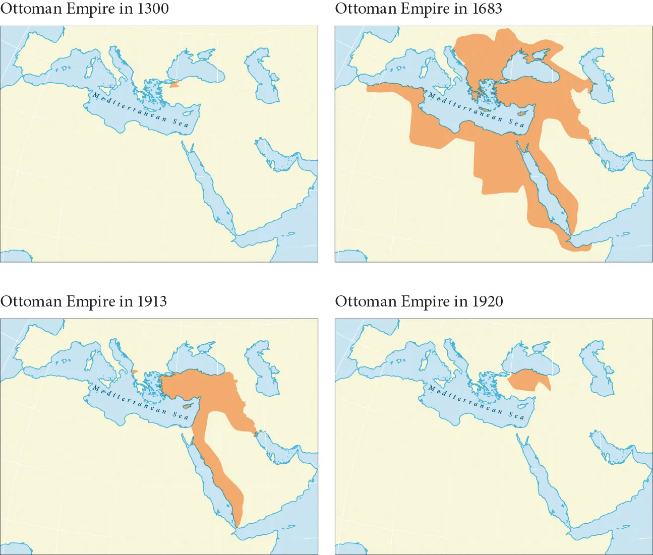 This is a series of four maps showing the geographic evolution of the Ottoman Empire. In 1300, the empire was a small region 