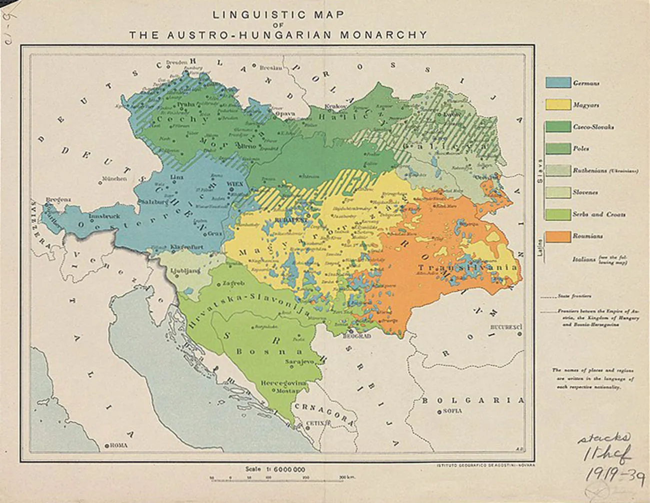 The map is titled "Linguistic Map of the Austro-Hungarian Monarchy". The map is divided into eight regions that have some ove