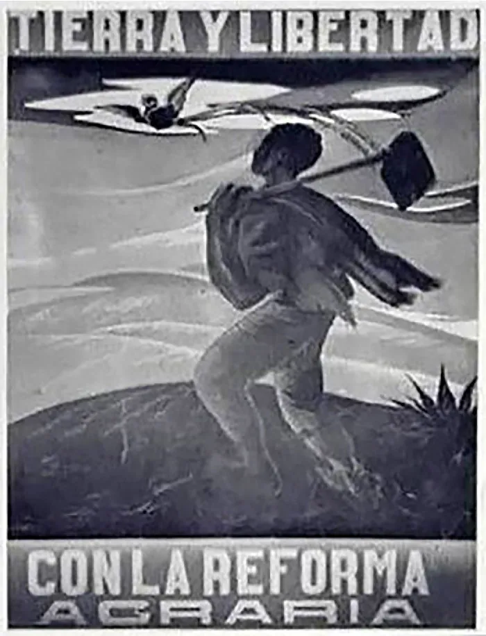 This poster shows a person in long pants, and a flowy shirt carrying a hoe over a rounded portion of land with a bush in the 