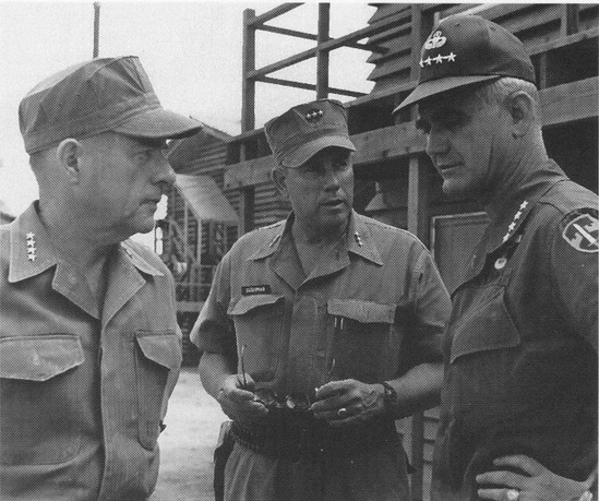 Commandant of the Marine Corps Wallace Greene (l), III MAF commander General Robert Cushman (c), and General Westmoreland (r)