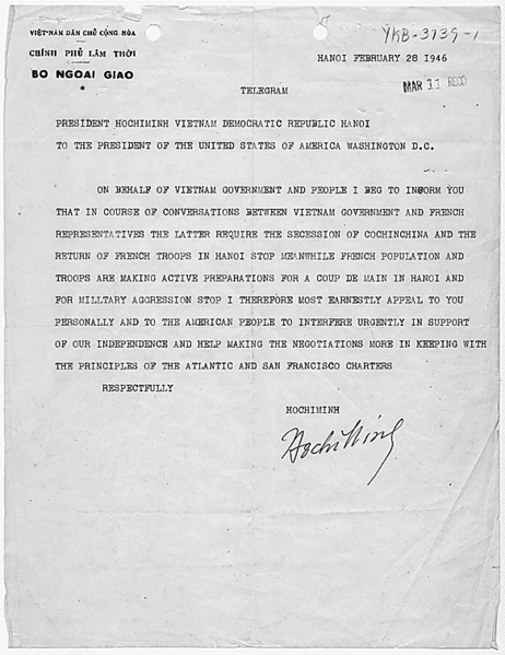 Photograph of the telegram from Hồ Chí Minh to Harry S. Truman dated February, 1946 requesting American aid.