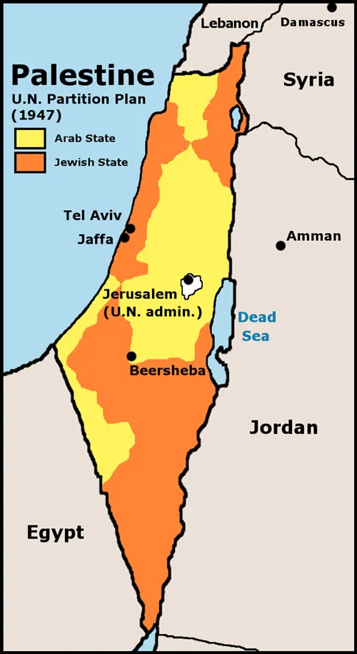 A map of a Palestine is shown. It is labeled ‘Palestine U.N. Partition Plan (1947)'. The legend shows that yellow indicates t