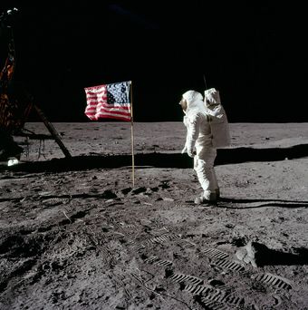 Buzz Salutes the US Flag: Buzz Aldrin during the first Moon walk in 1969. After Neil Armstrong was the first person to walk o