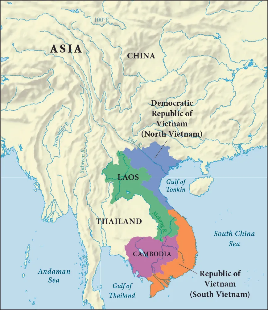 The map of southeast Asia shows China, Thailand, Laos, Cambodia, the Republic of Vietnam (South Vietnam), and the Democratic 