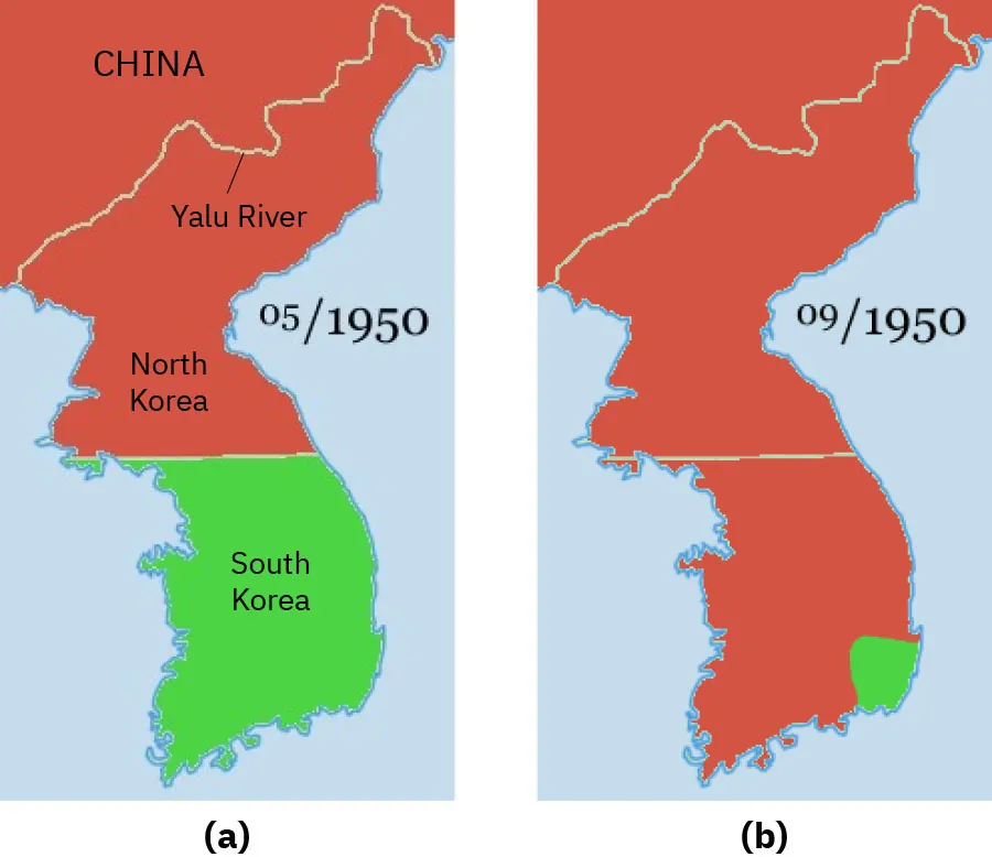 Two maps of Korea are shown. Both maps show the same region that includes a southeastern section of China, the Yalu River, No